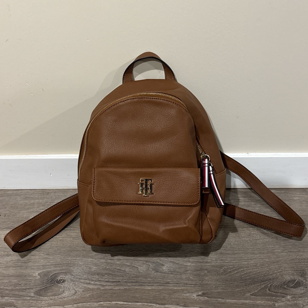Tommy Hilfiger brown leather backpack with gold hardware